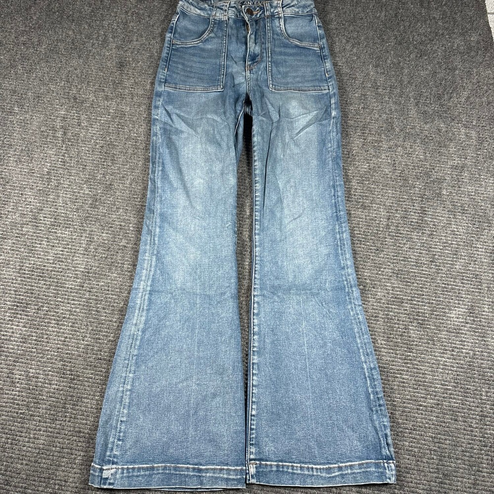American Eagle Flare Jeans Womens 4 Blue Excellent Super Hi-Rise Patch Pocket